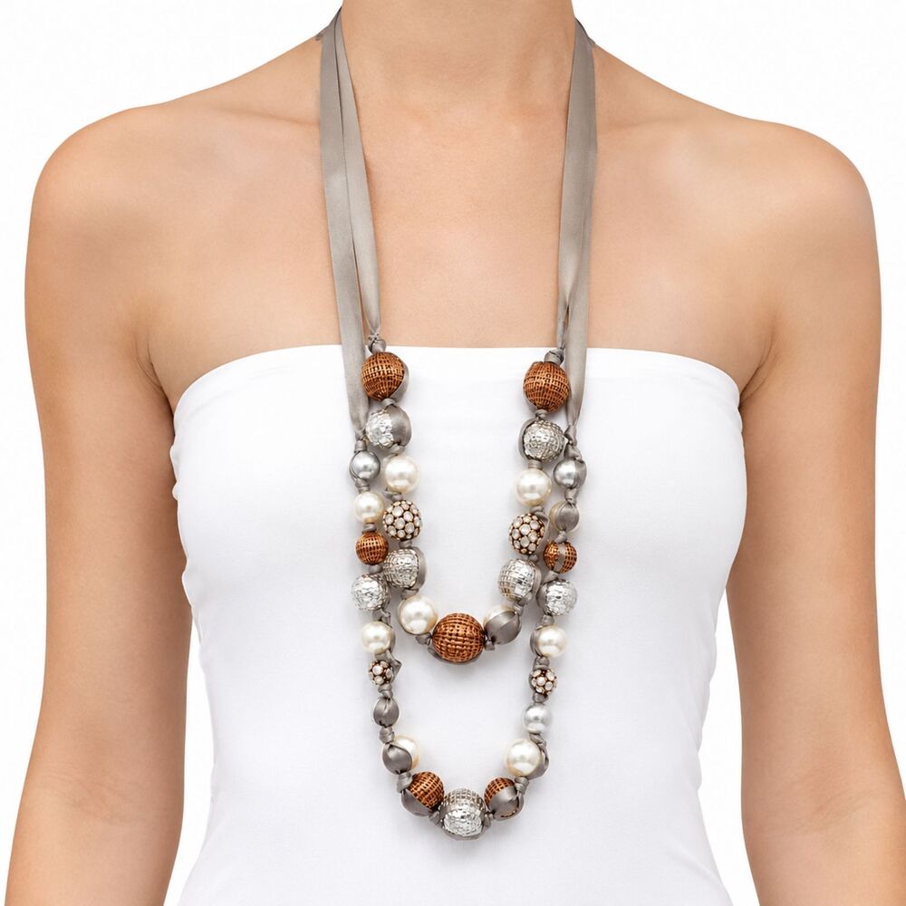 Chico's Disco Ball Faux Pearl Embellished Beads Gray Ribbon Chain Long Necklace